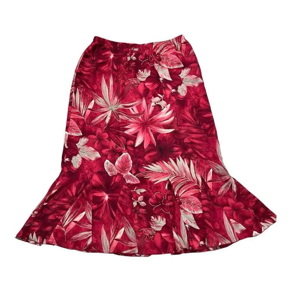 TanJay Red Floral Maxi Chiffon Skirt Size 14 Elastic Waist Lined Ruffle Hem